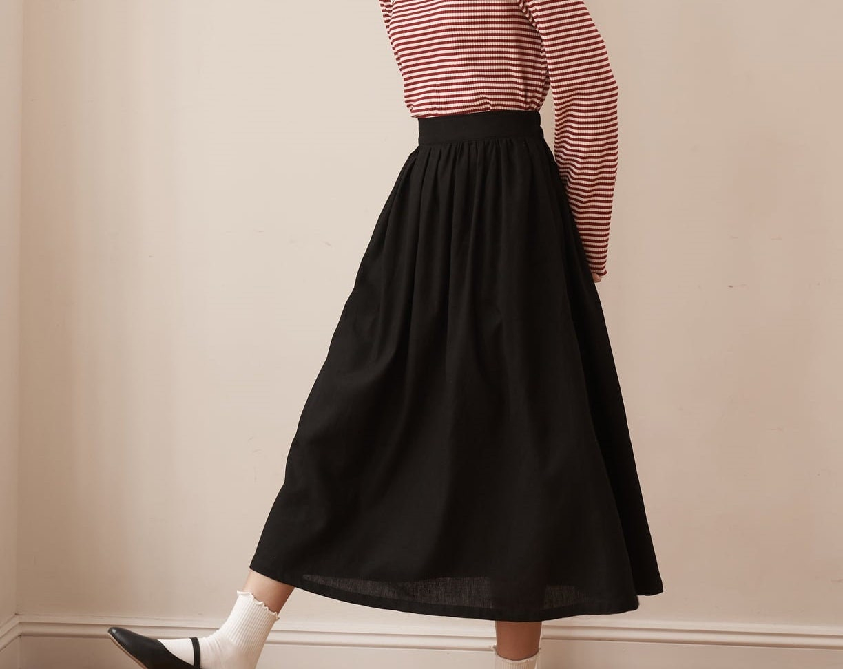 Black Linen Midi Skirt for Women, Casual High Waist A-Line Skirt, Minimalist Everyday Summer Skirt