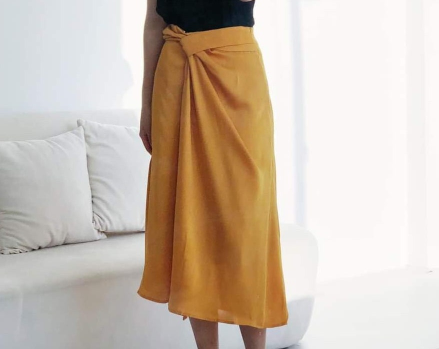 Mustard Yellow Linen Midi Skirt for Women, Casual High Waist Wrap Skirt, Minimalist Summer Skirt, Everyday Vacation Skirt