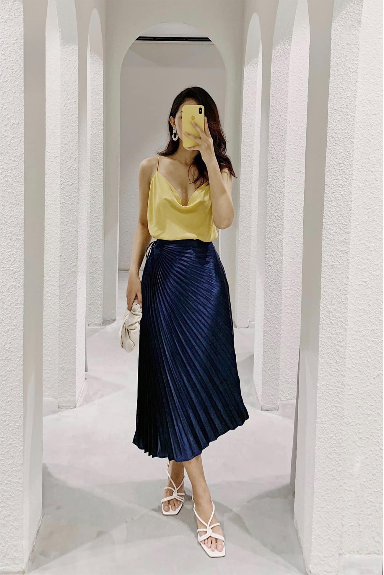 Navy Blue Linen Pleated Midi Skirt for Women, Casual High Waist A-Line Skirt, Elegant Everyday Summer Skirt
